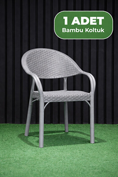 Alezy Bambu Plastik Rattan Desenli Kollu İstiflenebilir Tekli Balkon Bahçe Ko...