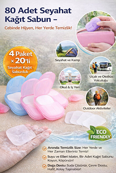 Hane Dostu 4 Set 80 Adet Seyahat Kağıt Sabun – Cebinde Hijyen, Her Yerde Temi...