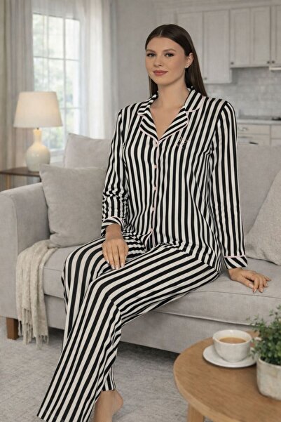 GAMDELLE MODA طقم بيجامة نسائي مخطط من القطن 100%