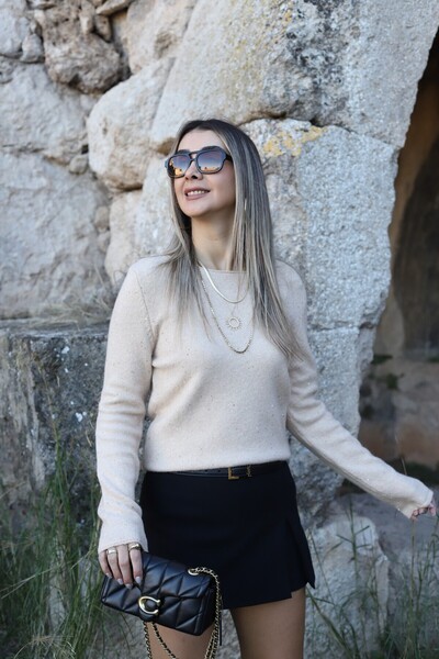 bytugcekaya Pulover cu paiete cu gât barca, mărime standard, bej