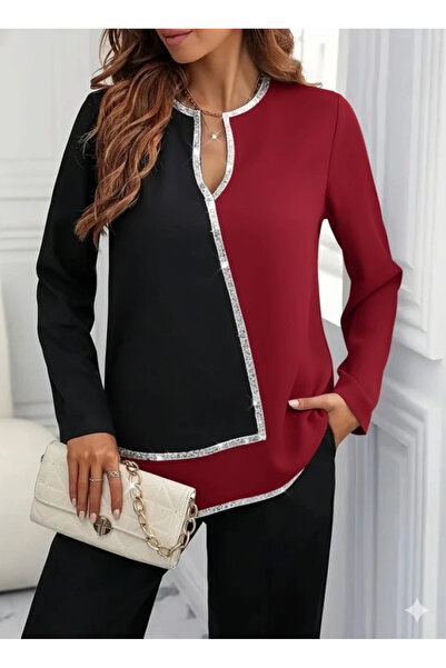 nedo7 Women's Long Sleeve V-Neck Sequin Embroidered Imported Crepe Blouse