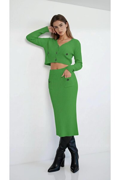 Miss Poem Women's Green Cardigan Skirt Bottom Top Two-Piece Set