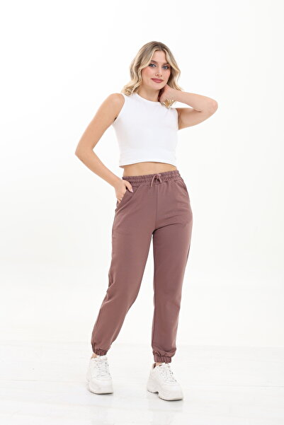 HEDEF DAİSY Women's Elastic Waist, Lace-Up Front, Elasticated Cuffs, Two Thread Beige Color Sweatpants