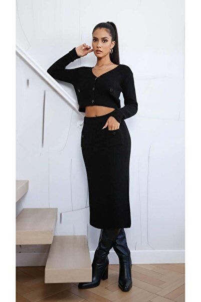 Miss Poem Women's Black Cardigan Skirt Bottom Top Two-Piece Set