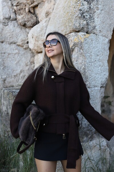 bytugcekaya Brown Standard Size Zippered Belted Wool Cardigan