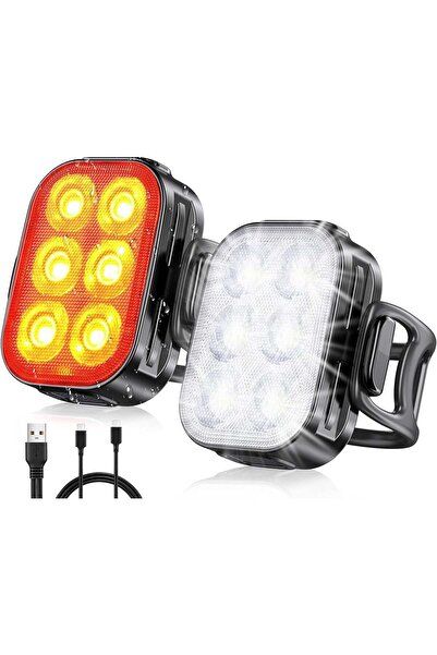 Elindor Bicycle Light Set 6 LEDs, Front/Rear Light, USB Rechargeable 500mAh, 4 Modes, IPX65, White/Red