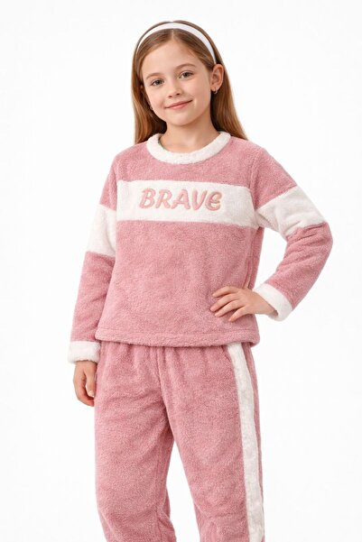 turkish Girls' Winter Pajama Set with Soft Fleece - Pink with BRAVE Logo