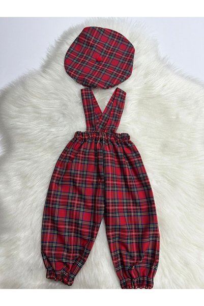 Moda Lina Baby طقم بنطلون وقبعة بنمط مربعات أحمر للفتيات