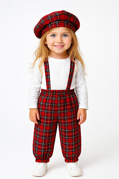 Moda Lina Baby Girl's Red Plaid Patterned Suspender Pants & Hat Set