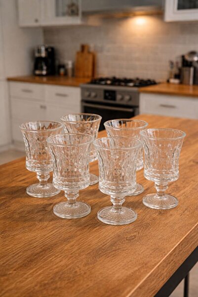 Onedekor 6'lı Baklava Desen Kahve Yanı Ayaklı Su Bardak Şeffaf 80ml