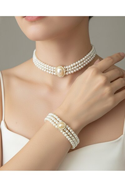 BagsMadame Pearl Gold Plated Choker Necklace and Bracelet Custom Design Pearl...