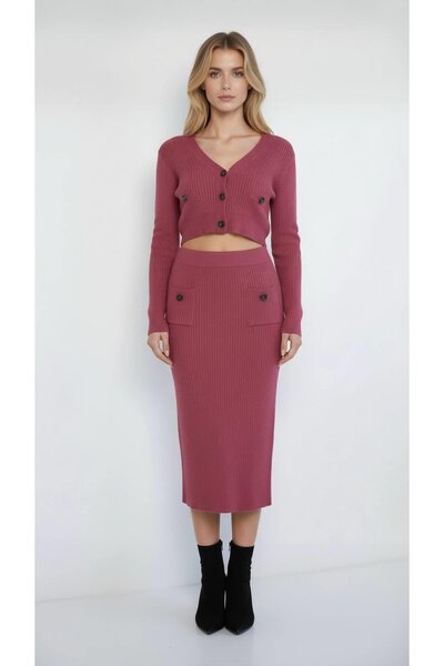 Miss Poem Women's Purple Cardigan Skirt Bottom Top Two-Piece Set