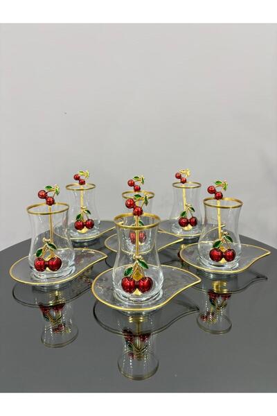 PARILTI HOME COLLECTİON LAV EVA 18 PARÇA KİRAZLI ÇAY SETİ ÇAY KAŞIKLI