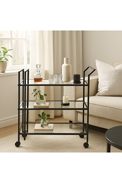 YINZUO عربة مشروبات بثلاثة أرفف زجاجية، إطار معدني ملحوم، لا تحتاج إلى تجميع، عجلات قابلة للقفل