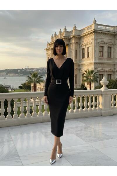 FİOXCO Women's Midi Length Belted Long Batwing Sleeve Dress