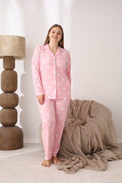 SEBOTEKS Buttoned Heart Patterned Suede Fabric Plus Size Women's Pajama Set 555