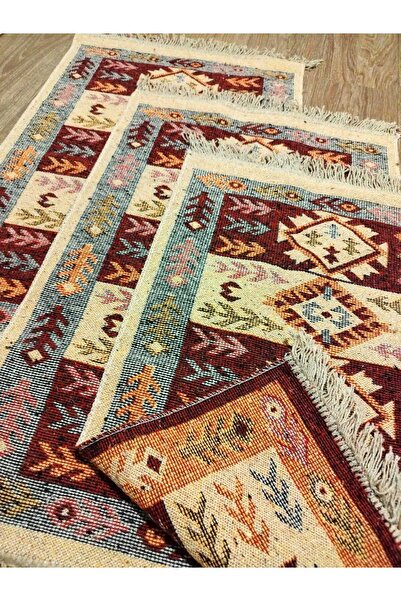 OEM Set de 3 covoare tradiționale, dimensiune 60 x 90 cm, roșu și crem