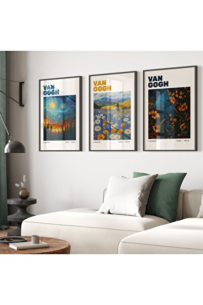 Base Concept Van Gogh Üçlü Çerçeve Poster Tablo Seti (Çerçeveli)