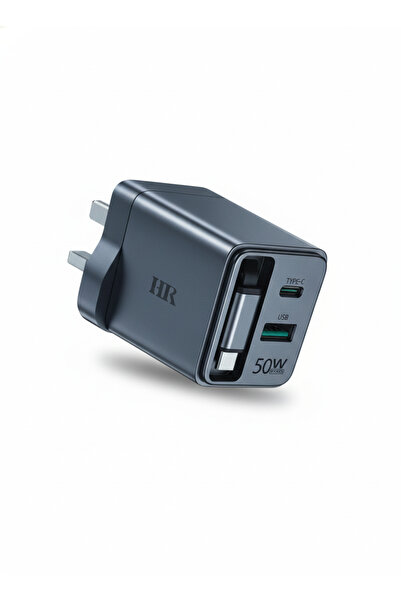 Trendora شاحن سريع بقوة 50 واط بتقنية PD مع كابل قابل للسحب، ومنافذ USB-C وUS...