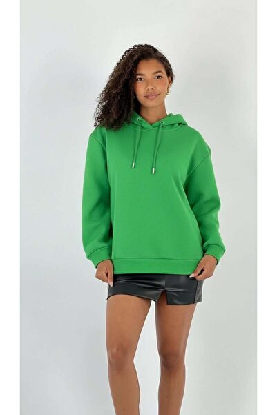 Miss Poem Women's Oversized Thick Green Hooded Sweatshirt