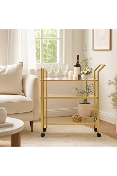 YINZUO 3-Tier Bar Cart with Glass Shelves, Welded Metal Frame, No Assembly Needed, Lockable Wheels