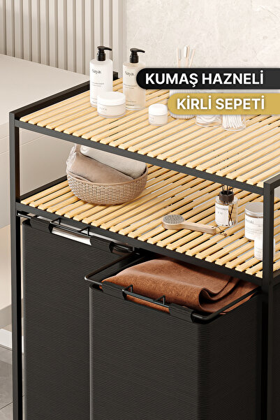 Bino Kirli Sepeti Ahşap Raflı 2 Katlı 2 Bölmeli Kumaş Banyo Dolabı Düzenleyici Çamaşır sepeti