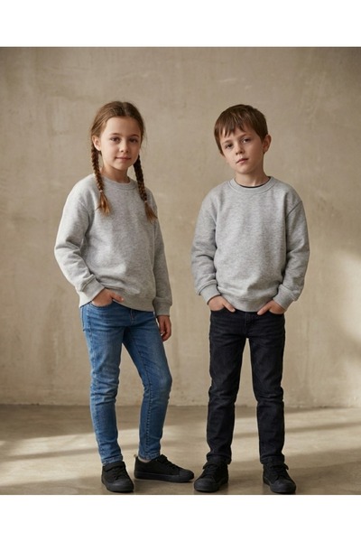 Kyex Unisex pentru copii Gri Melange guler rotund basic Swea tricou - bumbac 100% buc. țesătură moale