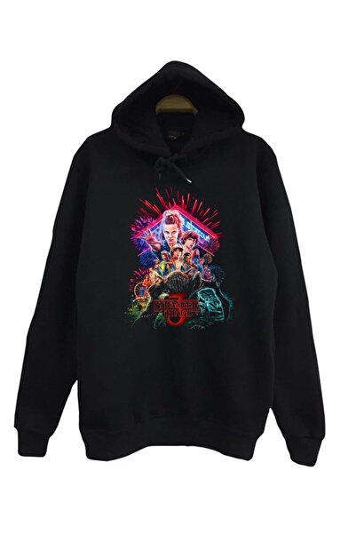 LELVANİ Unisex Black Stranger Things Hooded Printed Sweatshirt
