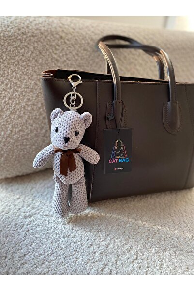 ÇANTA حقيبة على شكل قطة مع دمية دب محبوكة باللون الرمادي