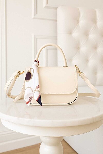 Butik Fularlı Deri Askılı Krem Renk Kadın El & Omuz Çantası