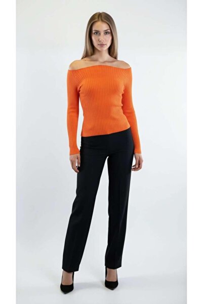Miss Poem Orange Corded Fabric Boat Neck Basic Women's Knitwear Sweater