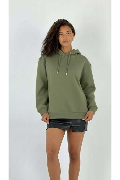Miss Poem Women's Oversized Thick Khaki Hooded Sweatshirt