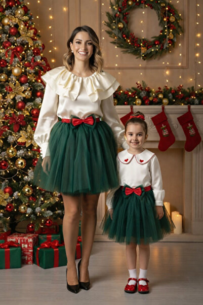 modabesta Kırmızı Fiyonk Detaylı Zümrüt Yeşili Anne Kız Tütü Etek Kombini