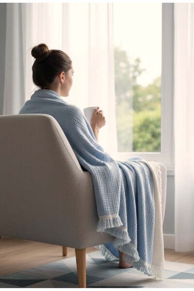 Mujo Home Collection 100% Organic Cotton 4-Layer Muslin Sofa Throw - Tv Blanket - Double-Sided Decorative Cover (90X200)