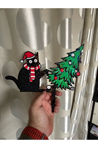 BUNUVER Kedi Figürlü Kapı ve Duvar Süsü –Kedi ve Çam Ağacı Kapı Süsü – Yılbaşı Dekorasyonu