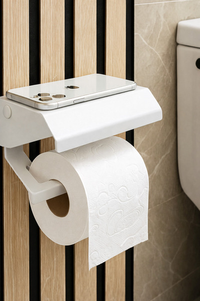 mee wall art Toilet Paper Holder with Lid and Phone Shelf (Matte Black / Whit...