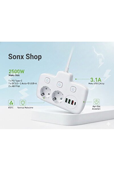 OSKA GLOBAL 2500W Akım Korumalı 3 USB + Type-C Portlu Çoklu Priz, Hızlı Şarjlı