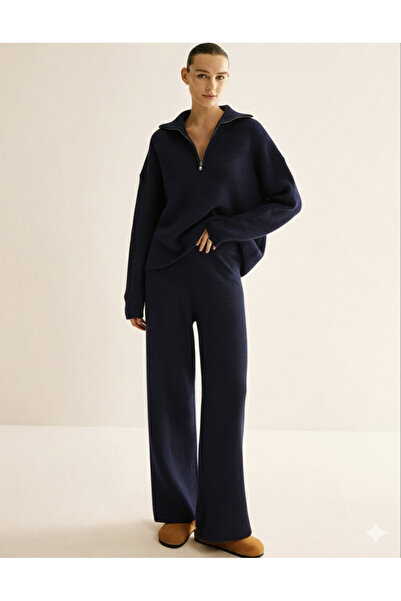 Sempre Women's Warm Soft Knitwear Half Zipper Pants&Top Two-Piece Set