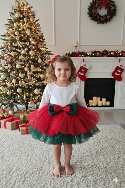 modabesta تنورة توتو منتفخة ذات طبقتين باللون الأخضر الزمردي والأحمر للفتيات