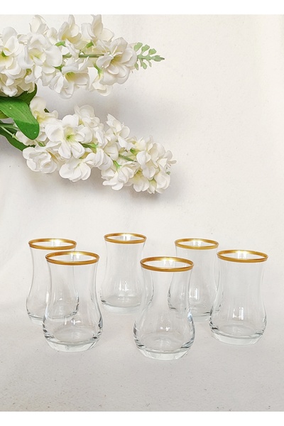 GÖNÜL COLLECTION Çay Bardağı Seti 6 lı Gold Detaylı Cam Çay Bardağı 140 ml