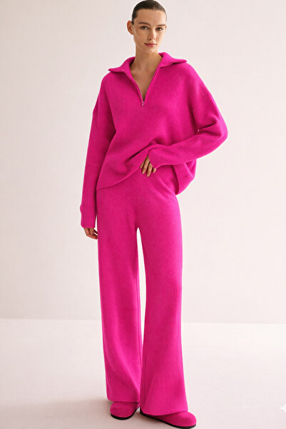 Sempre Women's Warm Soft Knitwear Half Zipper Pants&Top Two-Piece Set