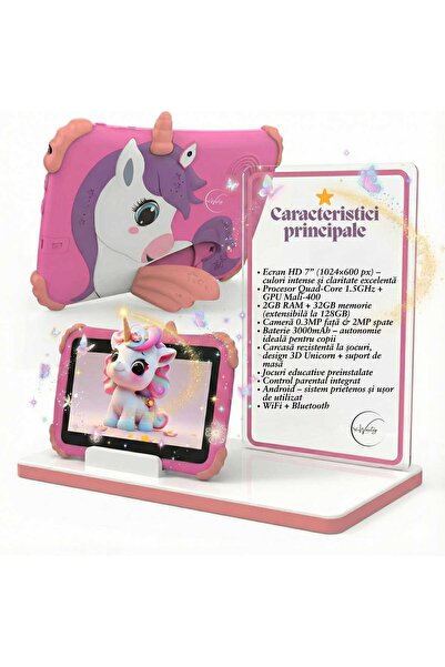 e-Wantay Tabletă Educațională pentru Copii 7” HD, Android, 2+32GB, Control Parental, Unicorn