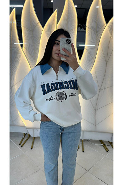 Yakası denim detaylı sweat