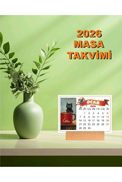 MOR TABLO 2026 Ahşap ayaklı masa takvimi