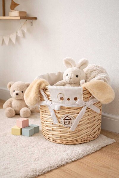 Dekorasyaa Στρογγυλό ψάθινο καλάθι παιχνιδιών χωρίς καπάκι - Οργανωτής - Κρεμ...