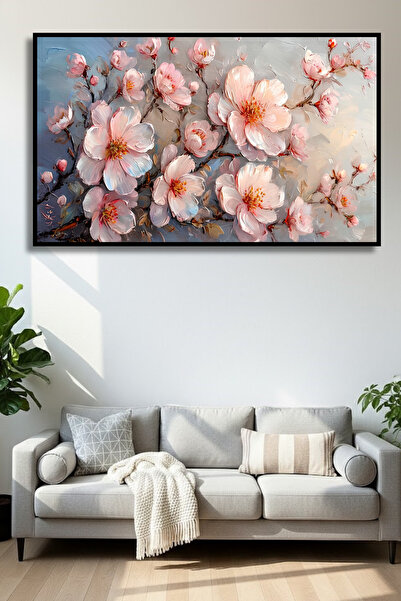 ERUMAR HOME Pembe Çiçekler Desenli Modern Duvar Tablosu Çerçeve Görünümlü Caf...