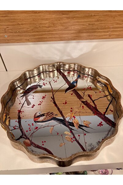 PLUS HOME صينية خشبية ومرآة بنمط الطيور مع حلقة دوارة، نموذج متوسط الحجم بلون...