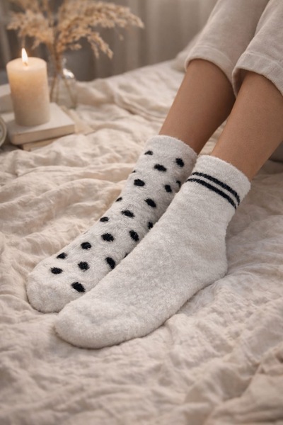 SBA SOCKS 2-Piece Women's Plush Sleep Socks Polka Dot and Stripe Pattern Soft Home Socks