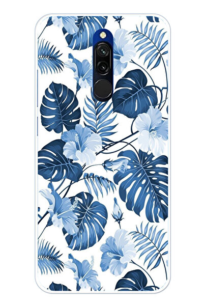 TechTree حافظة سيليكون مطبوع متوافقة مع Redmi 8 بنمط أوراق الشجر الزرقاء والزهور