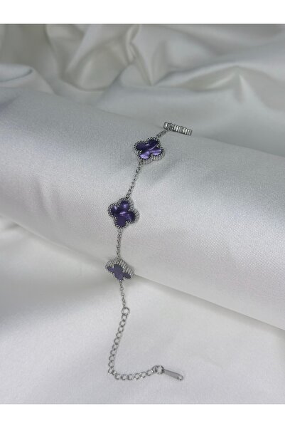 stainles steel Paslanmaz Çelik Silver Mor Sedefli Çift Taraflı Yonca Bileklik